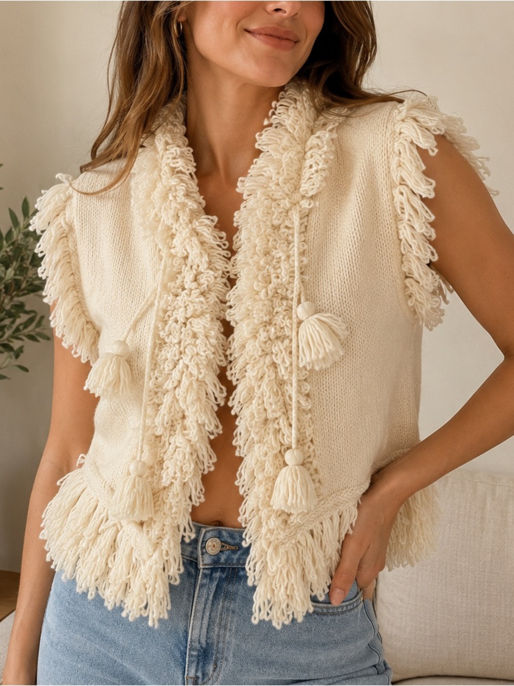 jocelyn Cream Textured Tassel Accent Pillow Cover